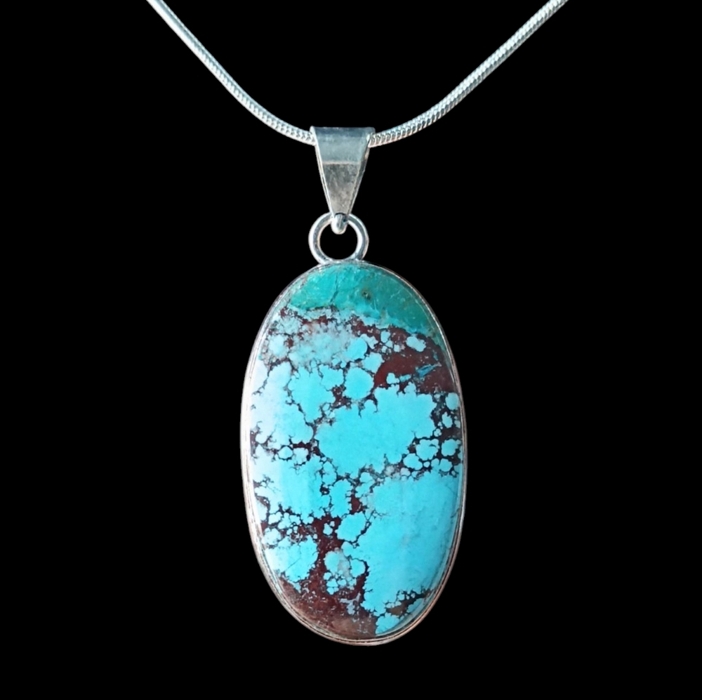 Natural Two Tone Kingman Spiderweb Turquoise Crystal Oval 925 SS Necklace 18"